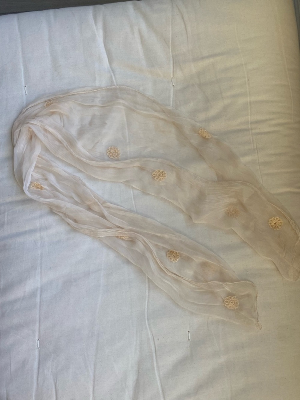 Light Cream Sheer Scarf with Embroidered Medallions